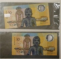 Two consecutive Australian $10 polymer banknotes