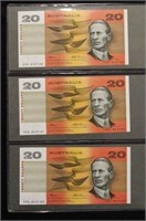 Three consecutive Australia Fraser/Evans $20 notes