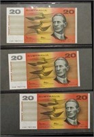 Three consecutive Johnston/Fraser $20 notes (1985)
