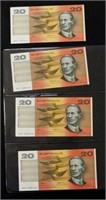 Four consecutive Australia Fraser/Evans $20 notes
