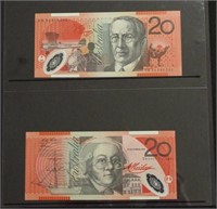 Two consecutive Australian 1994 polymer $20 notes