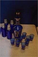 Blue Decanter Set and 4 Cobalt Bottles