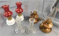 Two pair mini oil lamps: milk glass w/red chimneys