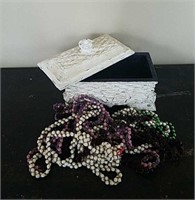 White Trinket Box w/ Costume Jewelry Necklaces
