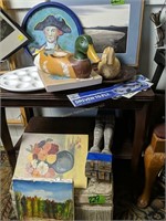 Mahogany Side Table, Art Prints, Stool,