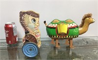 Battery operated camel & vintage push owl