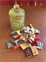 Green Cut Glass Canister, Match Books