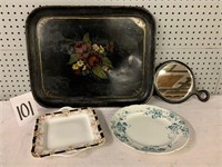 Black tin tray, mirror, 2 plates