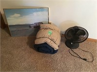 fan, wall pic, sleeping bag