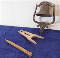 CAST IRON DINNER BELL, CAST IRON BOOT JACK, SPIKE