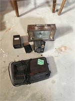 vintage cameras, cassette player, clock