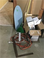 iron board, ext chord, L square, broom, more