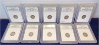 (10) MERCURY HEAD DIMES IN HOLDERS, 1916-19