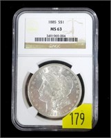 1885 Morgan dollar NGC slab certified MS-63