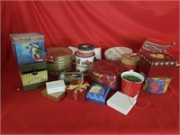 A BOX OF HOLIDAY TINS AND BOXES