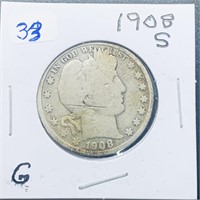 1908 S Barber Silver Half Dollar