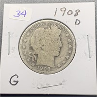 1908 D Barber Silver Half Dollar