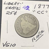 1877 CC Seated Liberty Silver Quarter