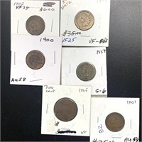 1859-1901 Set of 6 Indian Head Pennies