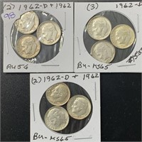 1962 D Set of 9 Vintage Dimes
