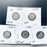 1939-1941 Set of 5 Mercury Dimes