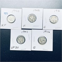 1916-1942 set of 5 Mercury Dimes