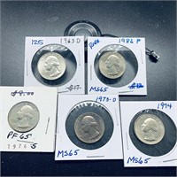 1963 D- 1986 set of 5 Proof Quarters