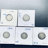 Set of 5 Barber Silver Dimes