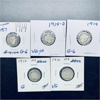1910-1914 Set of 5 Barber Dimes