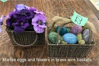Marble Eggs & Flowers in Brass wire Baskets