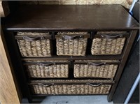Storage shelf with wicker baskets