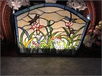 Stain glass fireplace cover with dragonfly pattern