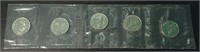 Strip of 5 1969 Canadian Silver Dollars