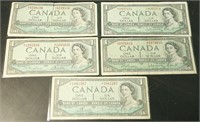 Lot of 5 1954 Bank of Canada $1 Bank Notes