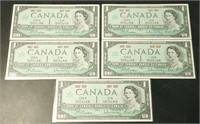 Lot of 5 1967 Bank of Canada $1 Bank Notes