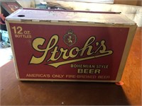 Strohs beer cardboard box with collectible bottles