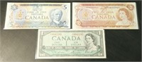 Lot of 3 Bank of Canada Bank Notes ($5, $2, $1)