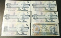 Lot of 6 1979 & 1986 Bank of Canada $5 Bank Notes