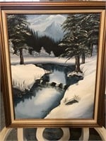 Nice painted winter scene of stream and mountain