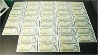 Lot of 37 1973 Bank of Canada $1 Bank Notes