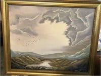 Painting on canvas sky birds mountains and creek