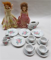 2 Dolls & Toy Tea Set