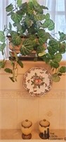 Faux Plant, China Plate, and Candle Holders