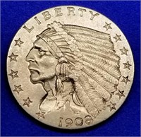 1908 US $2.50 Gold Indian Quarter Eagle BU