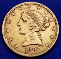 1901 US $5 Gold Liberty Half Eagle