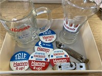HAMMS BEER GLASSES & PINS & BOTTLE OPENER