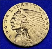 1913 US $2.50 Gold Indian Quarter Eagle Nice