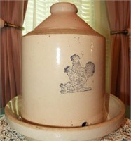 Vintage stoneware rooster decorated biddy feeder