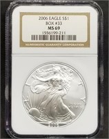 2006 1oz Silver Eagle NGC MS69 Box #33 Slab