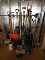 Garden tool lot: snow shovels, rakes, shovels